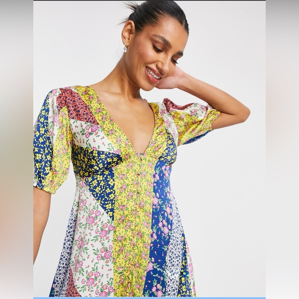ASOS DESIGN Button Through Satin Midi Tea Dress Mixed Floral Patch Women’s XS